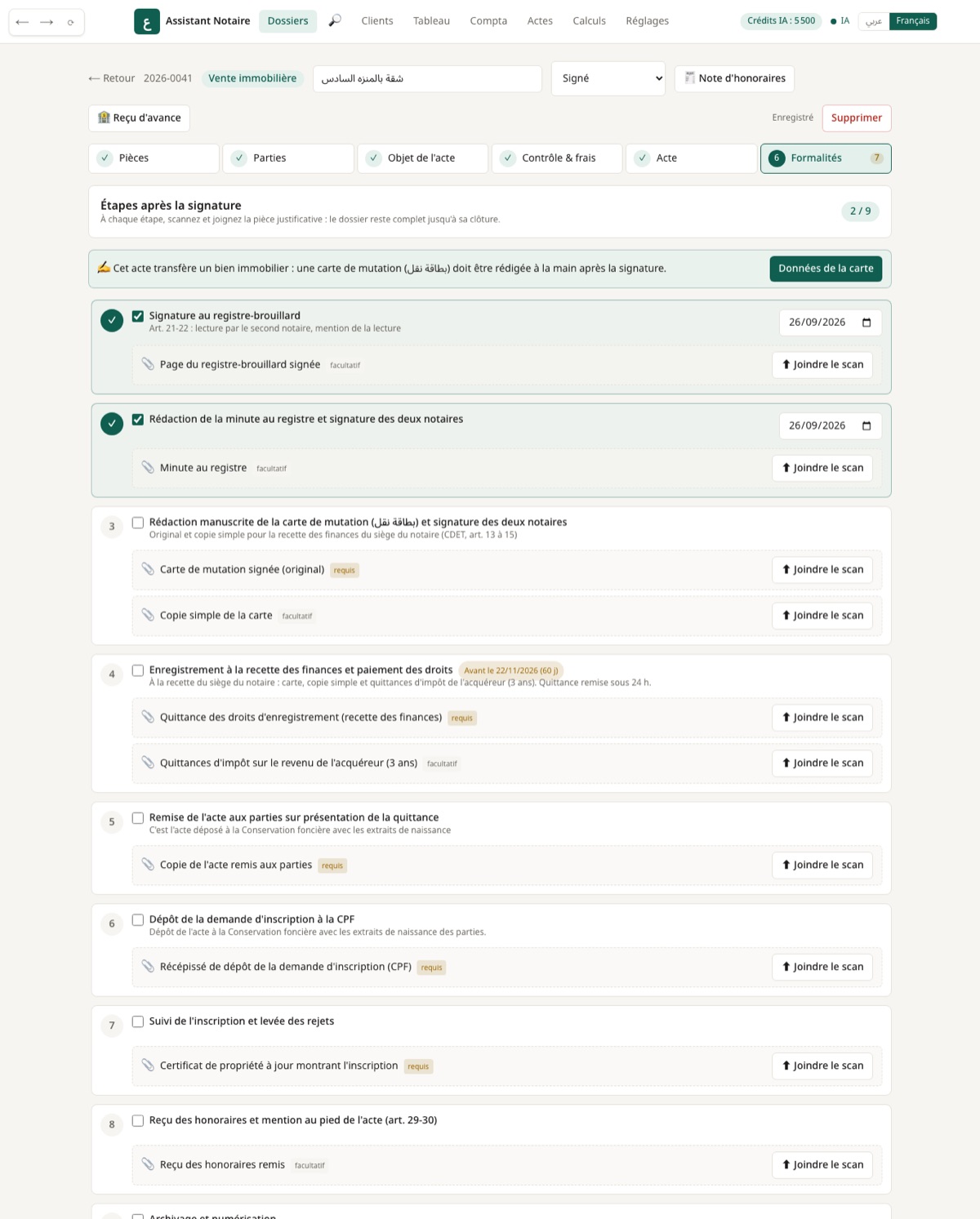 Toutes les formalités après signature, dans l'ordre, avec leurs délais légaux.