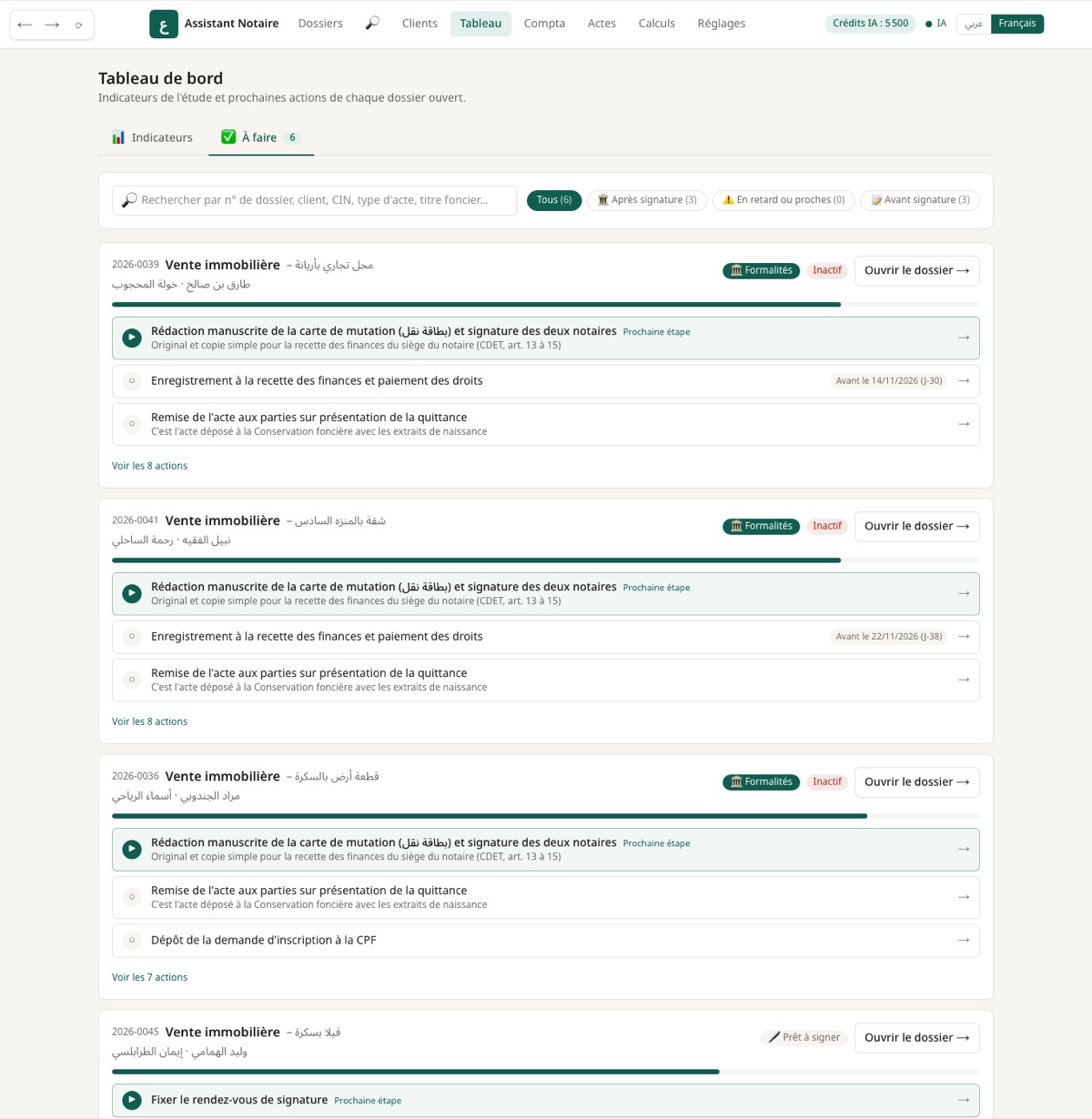 Pour chaque dossier : la prochaine étape et les délais, avec une recherche rapide.