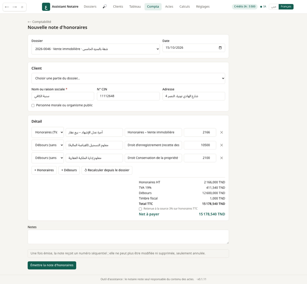 Note d'honoraires depuis le dossier : honoraires et débours (enregistrement, Conservation foncière) proposés automatiquement.