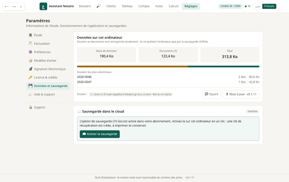 La taille des données sur l'ordinateur, l'ouverture du dossier, la recherche de mise à jour et la sauvegarde cloud.